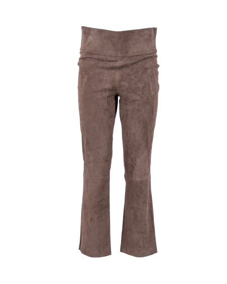 Shop NOVE  Pantalone: Nove pantaloni "Joy" in camoscio di capra.
Vita alta.
Gamba skinny.
Leggermente flared.
Composizione: 100% pelle di capra.
Made in Italy.. JOY PANT-STEEL